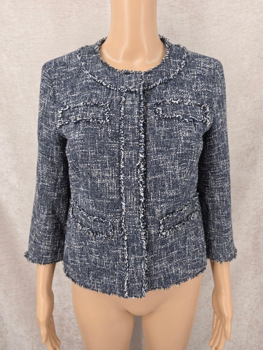 Michael Kors Classic Navy Tweed Blazer Jacket  Women's Collarless Bouclé Coat